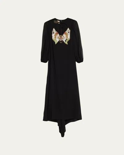 Valentino Embroidered Silk Georgette Long Dress In Black