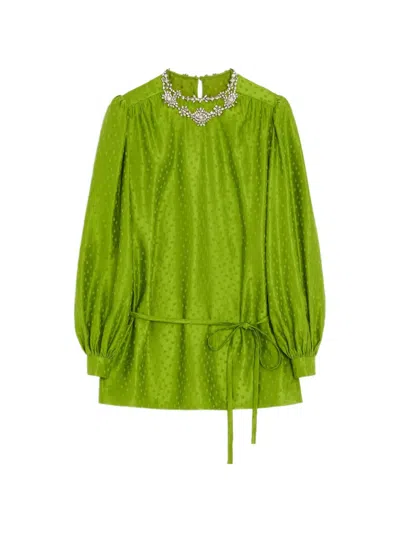 Valentino Embroidered Silk-linen Plus De Pois Jacquard Top Woman Avocado 44 In Green