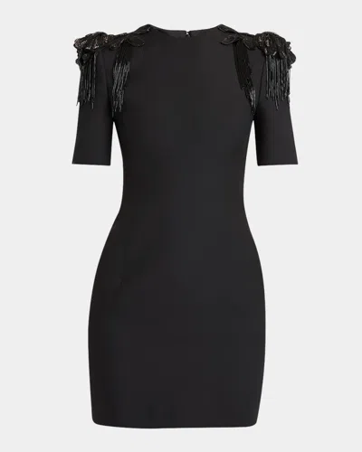 VALENTINO EMBROIDERED STRONG-SHOULDER CREPE MINI DRESS