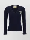 Valentino Embroidered Sweater With Front Pockets And Ruffle Cuffs In Blue