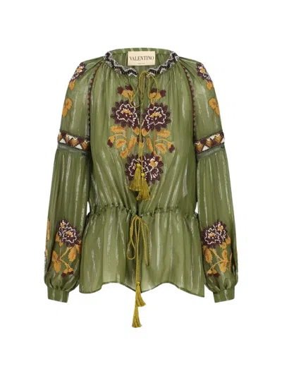 Valentino Embroidered Tassel-detail Blouse In Green