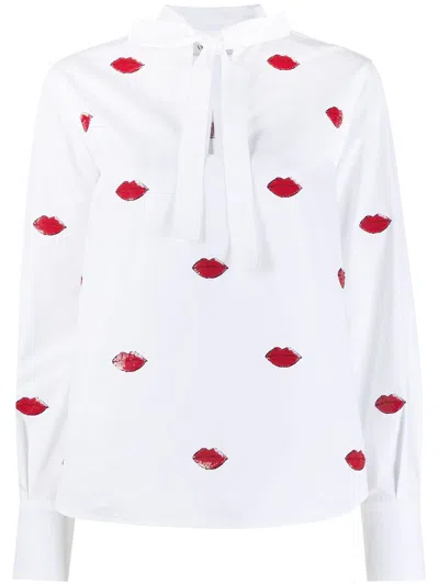 Valentino Embroidered Top For Women In Bianco/rosso With Animal Origin Details In Red