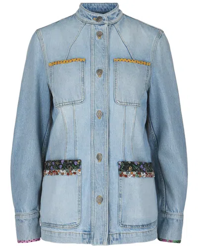 Valentino Embroidered Trimmed Denim Jacket In 40997-denim Blu Lav Chiaro