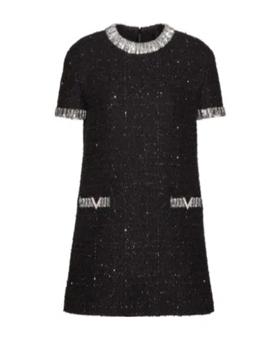 VALENTINO EMBROIDERED GLAZE TWEED SHORT DRESS