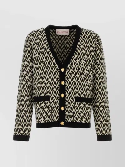 Valentino Embroidered V-neckline Wool Cardigan In Black