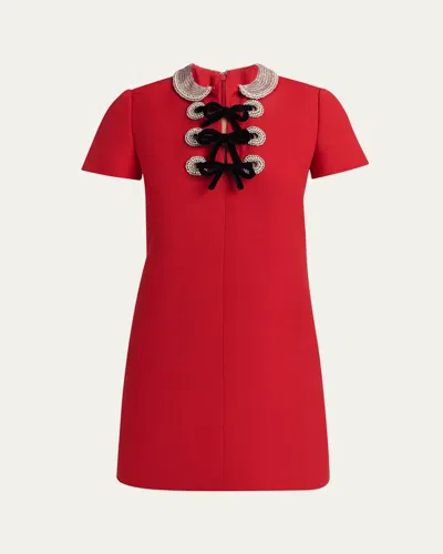 VALENTINO EMBROIDERED VELVET BOW MIDI DRESS