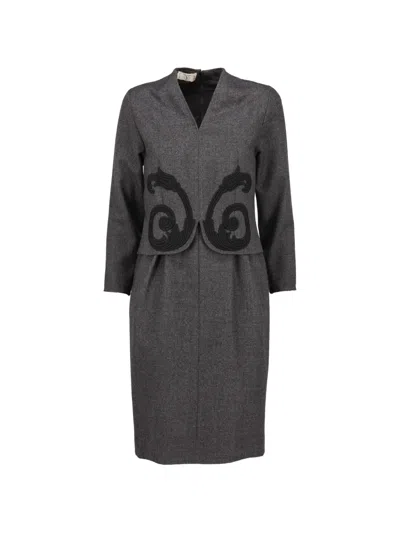 Pre-owned Valentino Embroidered V-neck Midi Dress In Gray