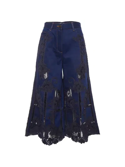 Pre-owned Valentino Embroidered Wide-leg Jeans In Blue