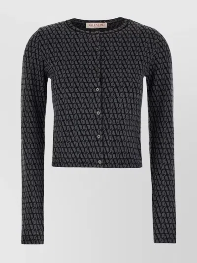 Valentino Embroidered Wool Crew Neck Cardigan In Dark Melange Gray Black