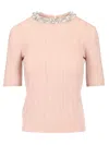 Valentino Beige Vertical Striped Slim Fit Short Sleeve Sweater