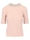 Valentino Beige Vertical Striped Slim Fit Short Sleeve Sweater In Rose