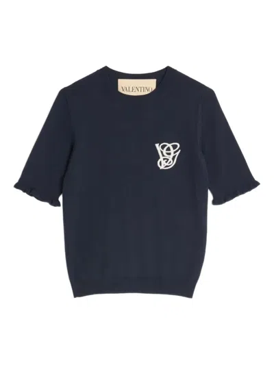 Valentino Embroidered Top Ruffle Detail In Blue