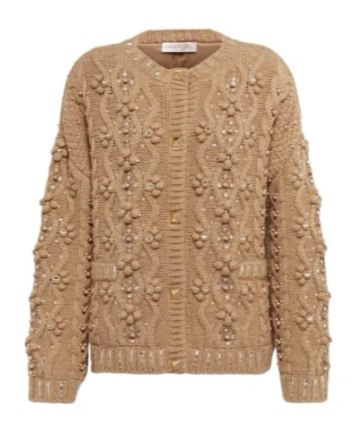 Valentino Embroidered Wool-blend Cardigan In Brown