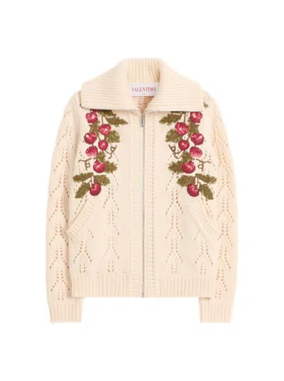 VALENTINO VALENTINO EMBROIDERED ZIP UP SWEATER BIRCH