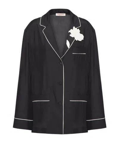 Valentino Embroidery Crepe Chine Shirt In Black/ivory