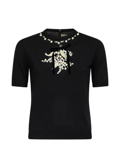 Valentino Garavani Embroidered Floral Virgin Wool Pullover Sweater With Velvet Bow In Black