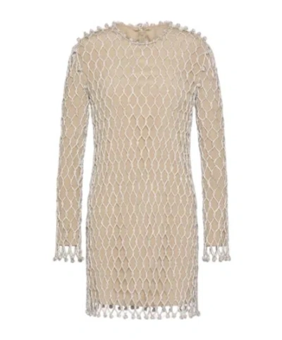 Valentino Embroidery Rhinestones Mesh Short Dress In Brown