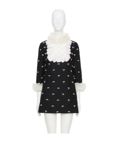 Valentino Ruffled Bow-detailed Embellished Mesh-trimmed Wool And Silk-blend Crepe Mini Dress In Black