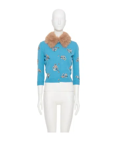 Valentino Floral Crystals Wool Cardigan In Celestial Blue