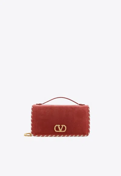Valentino Garavani Encrusted Vlogo Velvet Shoulder Bag In Brown