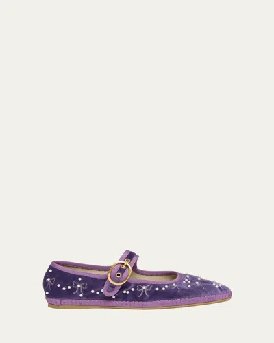 Valentino Garavani Endouce Bow Velvet Mary Jane Ballerina Flats In Purple