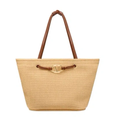 Valentino Garavani Escape Large Lafite Shopping Bag In Natural Color/tobacco Color
