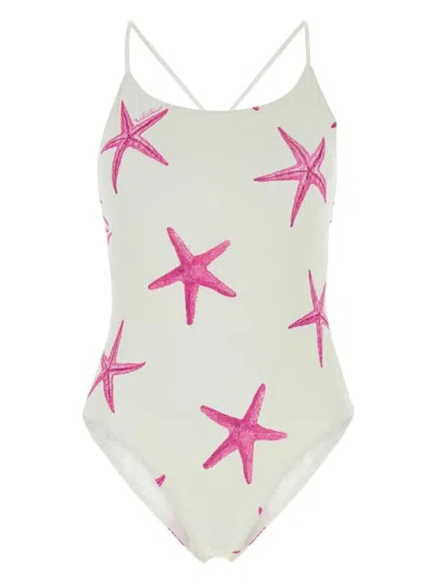 Valentino Starfish Printed Swimsuit In Ivory Pink