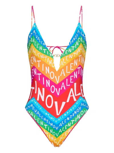 Valentino Chevron Lycra 24 One-piece Swimsuit Woman Multicolour L In Neutral