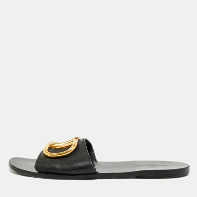 Pre-owned Valentino Garavani Escape Vlogo Size 37.5 Black Leather Flat Slides