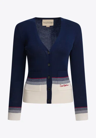 Valentino Essential Chez Logo Wool Cardigan In Blue