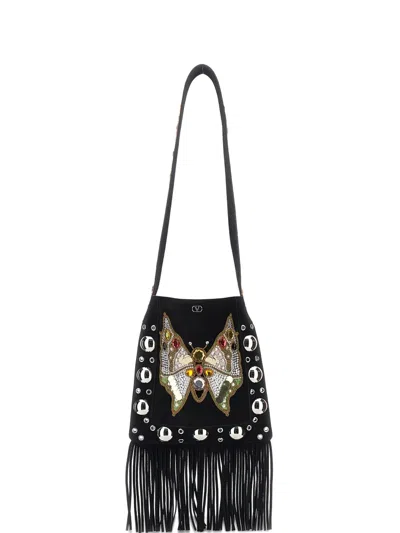 Valentino Garavani Eyelet-embelishment Fringed-hem Shoulder Bag In Black