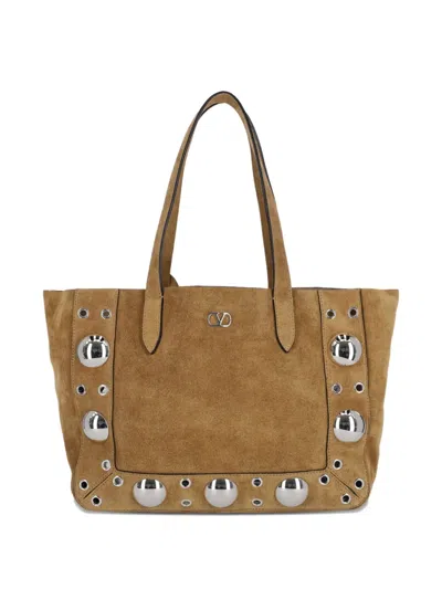 Valentino Garavani Eyelet-embellished Suede Tote Bag In Brown