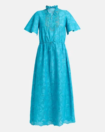 Valentino Eyelet Embroidered Cotton Drawstring Midi Dress In Blue