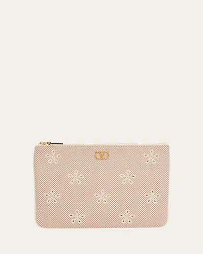 Valentino Garavani Eyelet-embroidered Canvas Clutch Bag In Pink