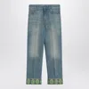 Valentino Medium Blue Jeans With Green Embroidery, Straight Leg, High Waist
