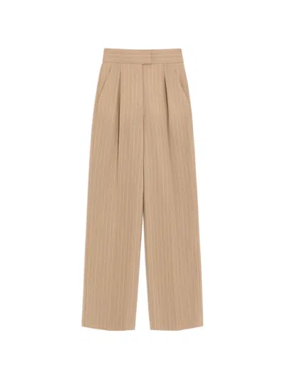 Valentino Wide Leg Pinstripe Pleated Pants Belt Loops In Neutral
