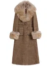 Valentino Faux Fur-trim Tweed Coat In Braun