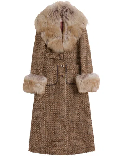 Valentino Faux Fur-trim Tweed Coat In Brown Multi