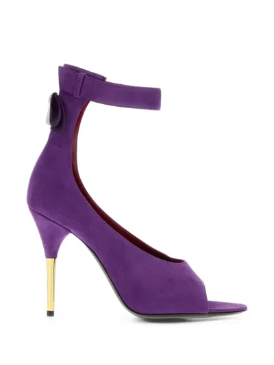 Valentino Garavani Fatale Suede High Heel Peep-toe Sandals With Bow Detail In Purple