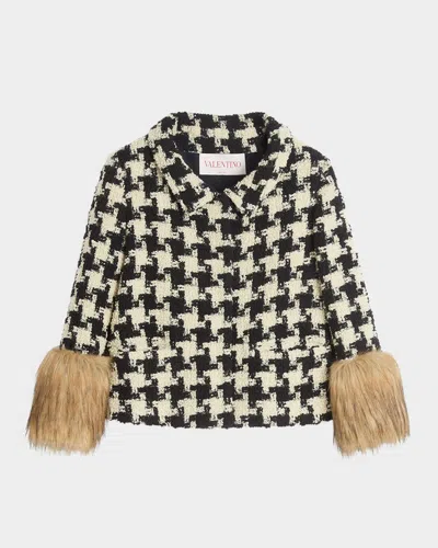 VALENTINO FAUX-FUR MACRO HOUNDSTOOTH TWEED JACKET