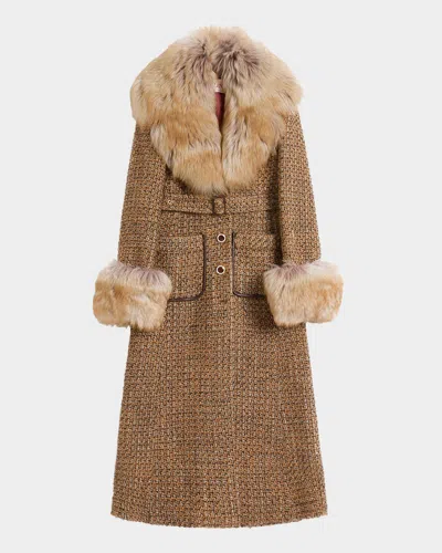 Valentino Faux Fur-trim Tweed Coat In Brown Multi