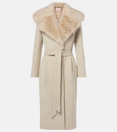 Valentino Faux Fur-trimmed Virgin Wool Wrap Coat In Beige