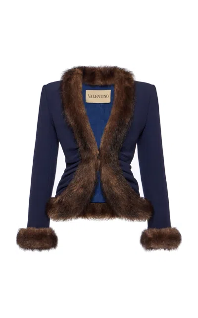 Valentino Faux-fur Trimmed Wool Jacket In Blue