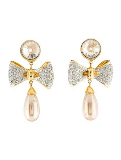 Pre-owned Valentino Garavani Faux Pearl & Crystal Bow Clip-on Drop Earrings In Transparent