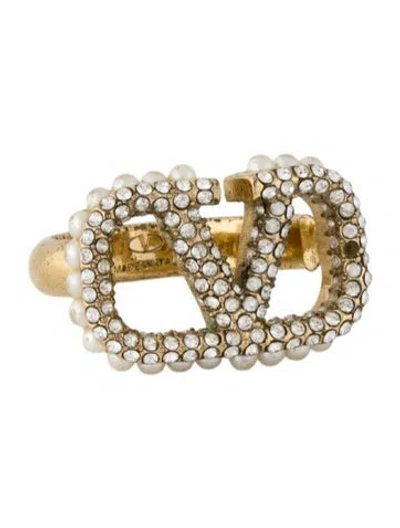 Pre-owned Valentino Garavani Faux Pearl & Crystal Cocktail Ring In White