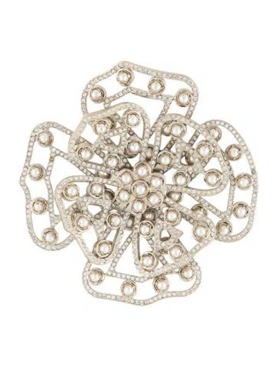Pre-owned Valentino Garavani Faux Pearl & Crystal Flower Brooch In Multicolor