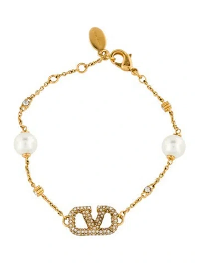 Pre-owned Valentino Garavani Faux Pearl & Crystal Vlogo Signature Station Bracelet, 7" In Multi
