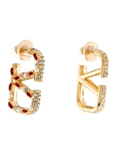 Pre-owned Valentino Garavani Faux Pearl, Enamel & Crystal Vlogo Signature Drop Earrings