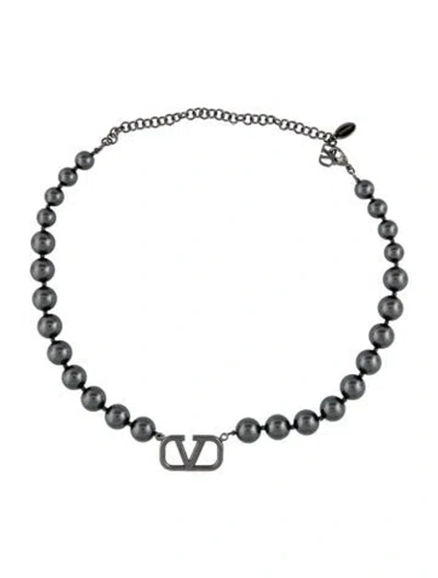 Pre-owned Valentino Garavani Faux Pearl Vlogo Collar Necklace, 18" In Multicolor