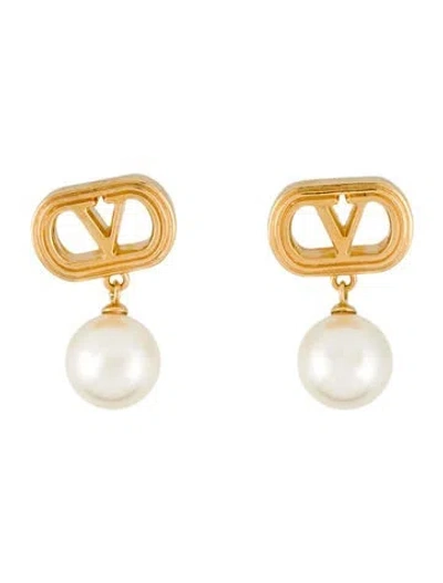 Pre-owned Valentino Garavani Faux Pearl Vlogo Ovalette Drop Earrings In White